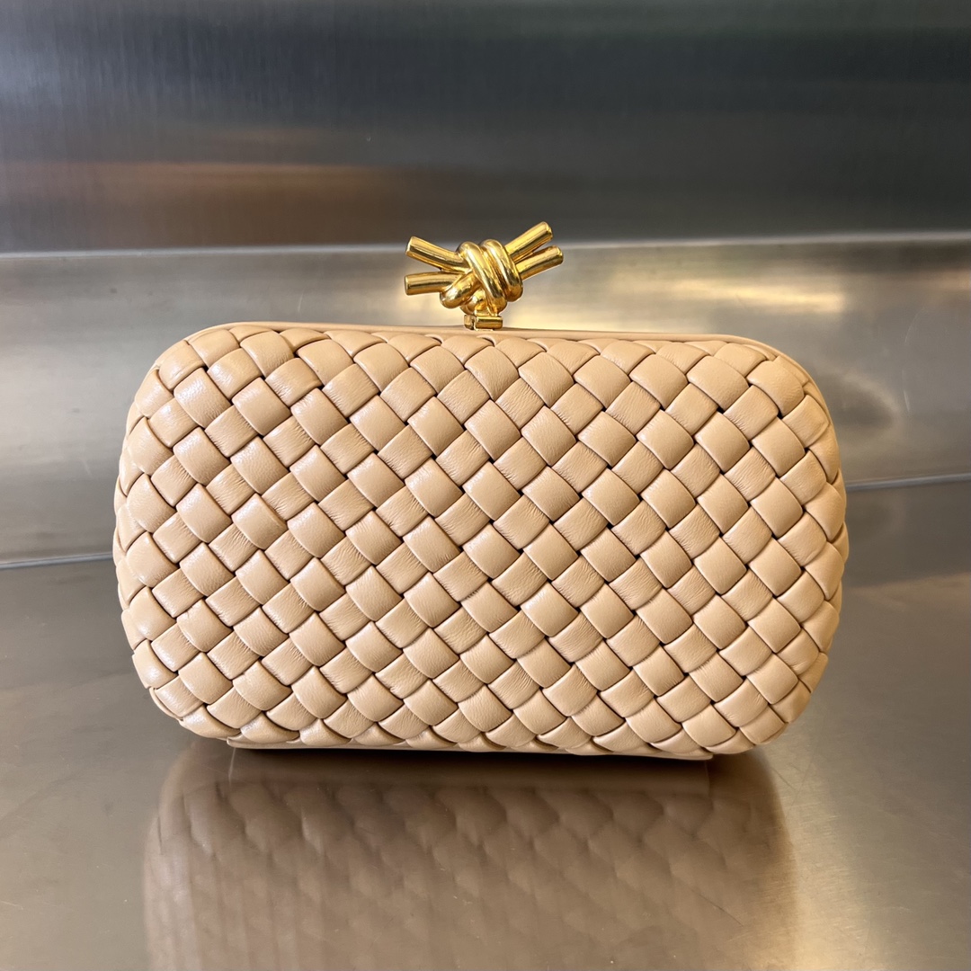 Knot Padded Intreccio Leather Clutch Almond